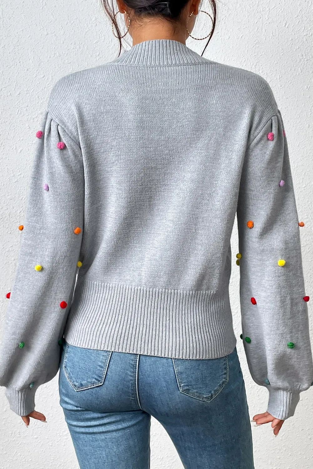 Pom-Pom Trim Mock Neck Long Sleeve Pullover Sweater, image 10