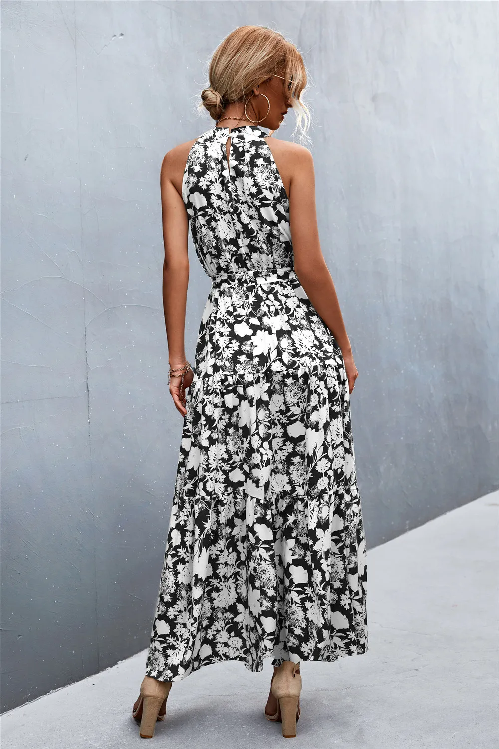 Printed Sleeveless Tie Waist Maxi Dress, image 7