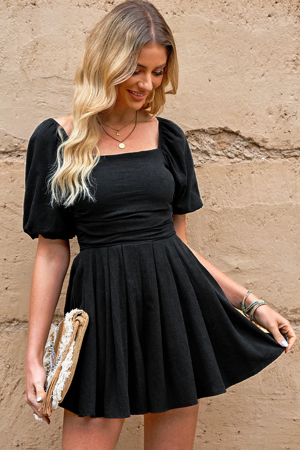Square Neck Pleated Romper with Pockets, image 5