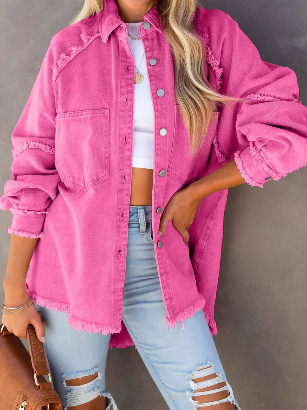 Button Down Raw Hem Denim Jacket, image 5