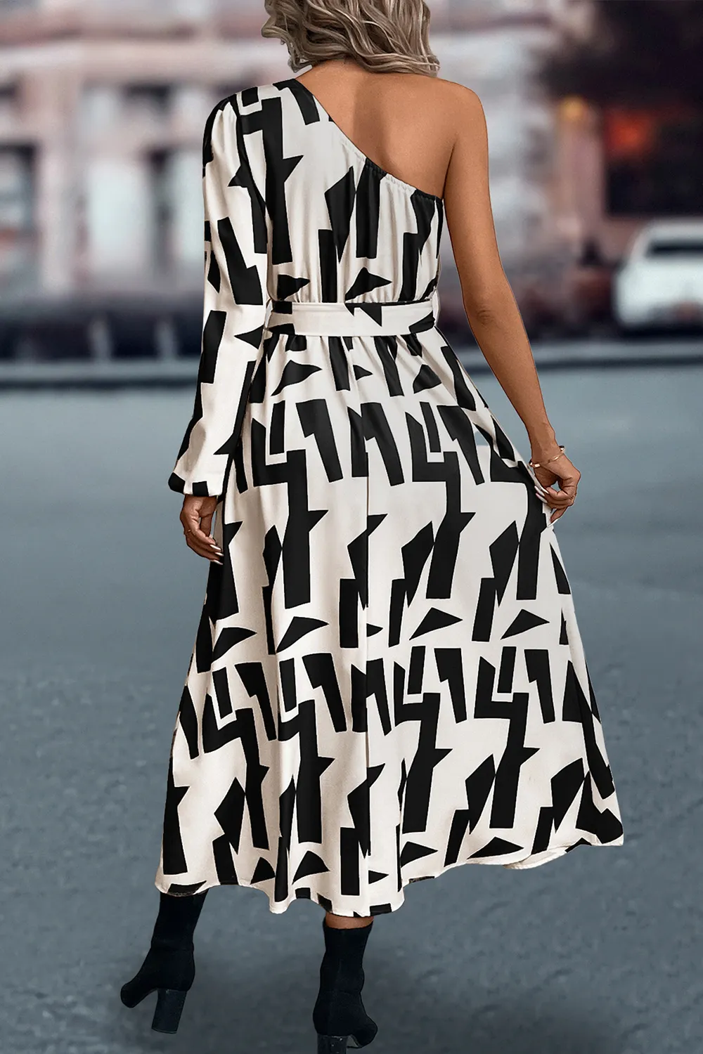 Printed One-Shoulder Tie Waist Dress, image 7