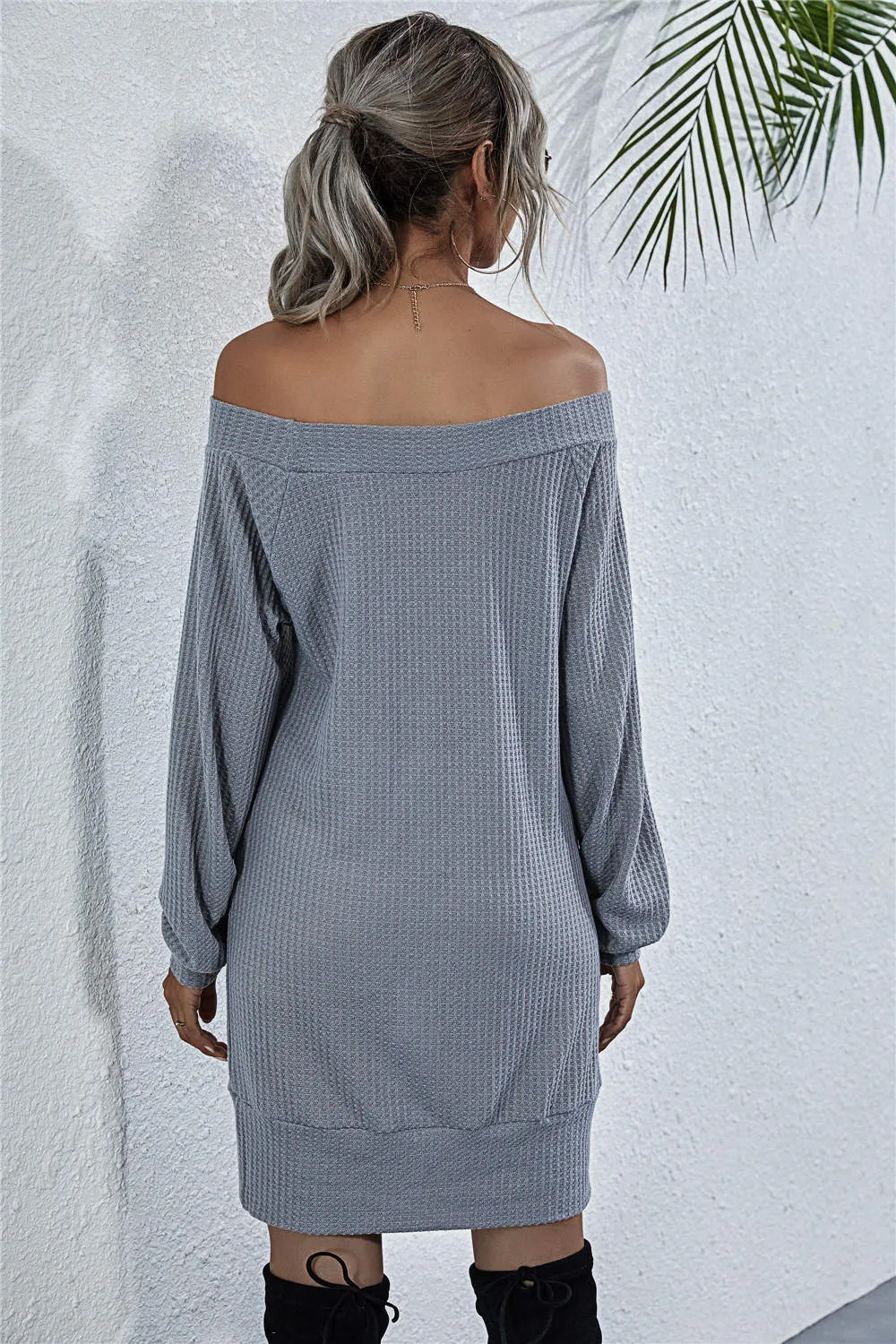 Waffle-Knit Boat Neck Mini Dress, image 7