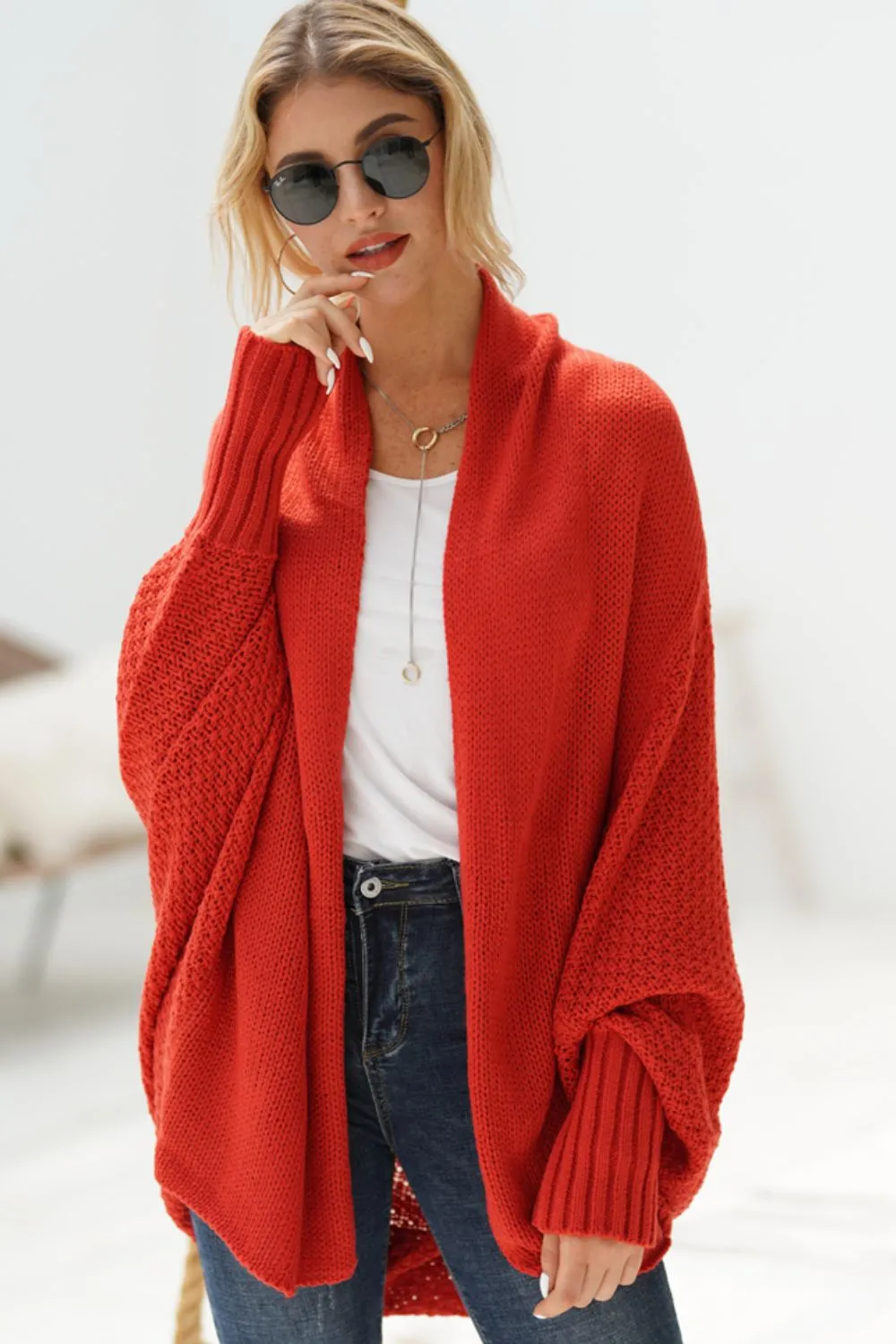 Dolman Sleeve Open Front Ribbed Trim Longline Cardigan, image 25