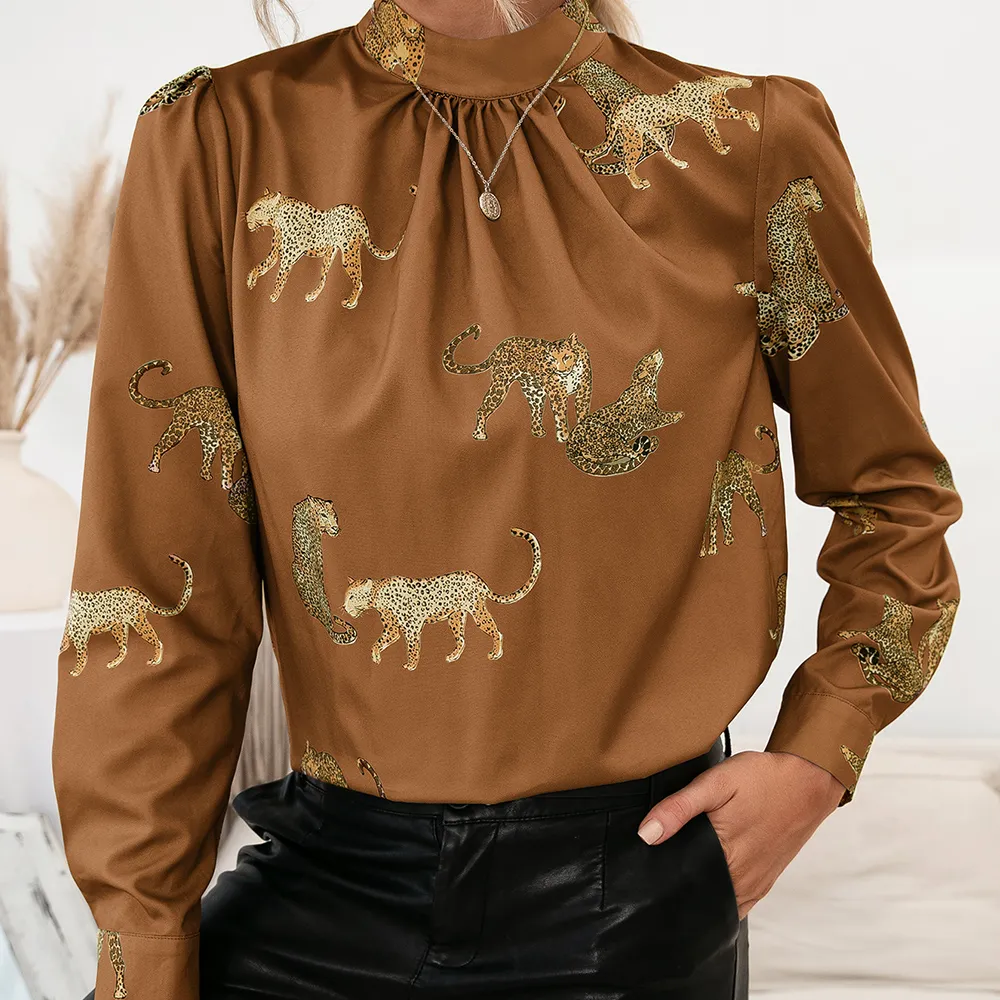 Leopard Graphic Mock Neck Puff Sleeve Blouse, image 7