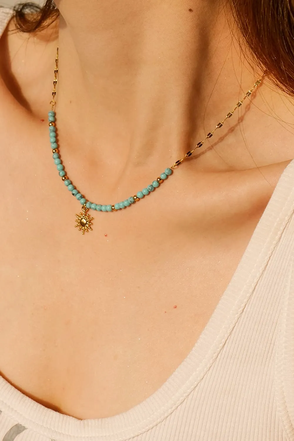 Turquoise Beaded 18K Gold-Plated Sun Shape Pendant Necklace, image 7