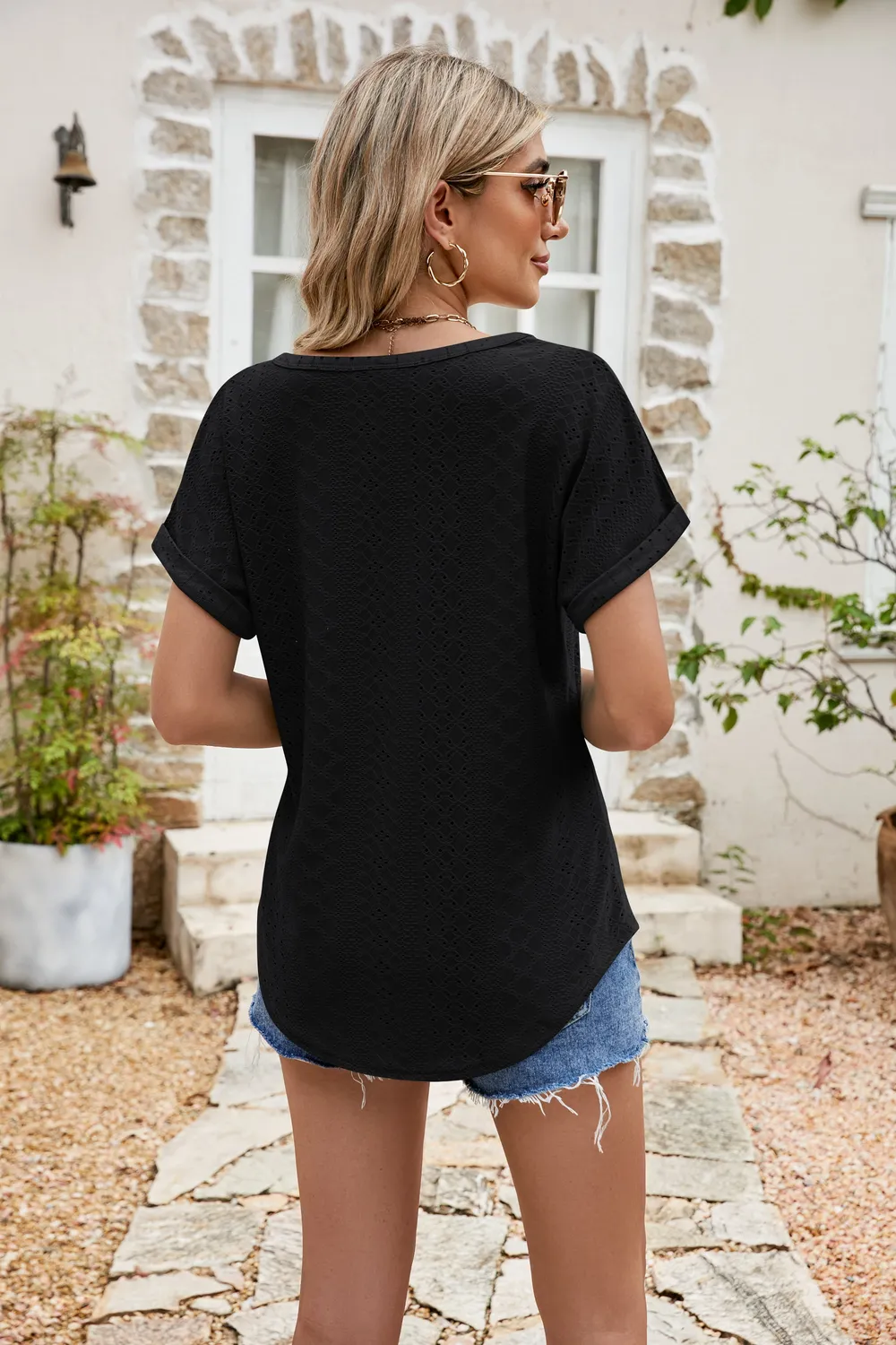 Full Size Round Neck Eyelet Short Sleeve Top, image 9