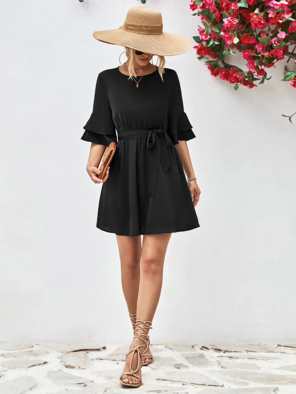 Round Neck Tie Belt Flounce Sleeve Dress, image 7