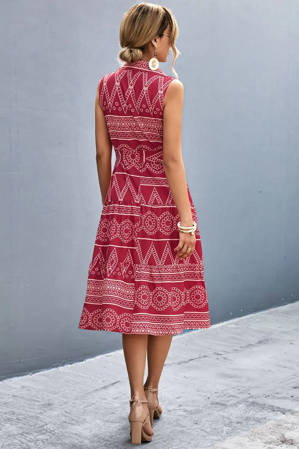 Printed Button Front Tie-Waist Sleeveless Collared Dress, image 4