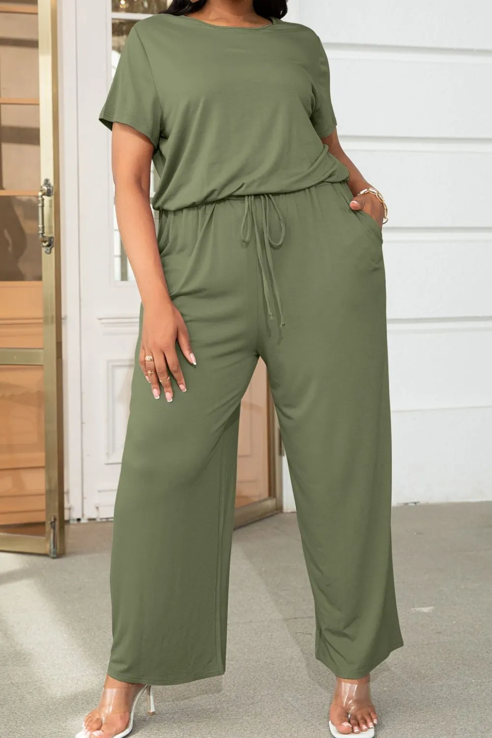 Plus Size Drawstring Waist Short Sleeve Jumpsuit, image 10