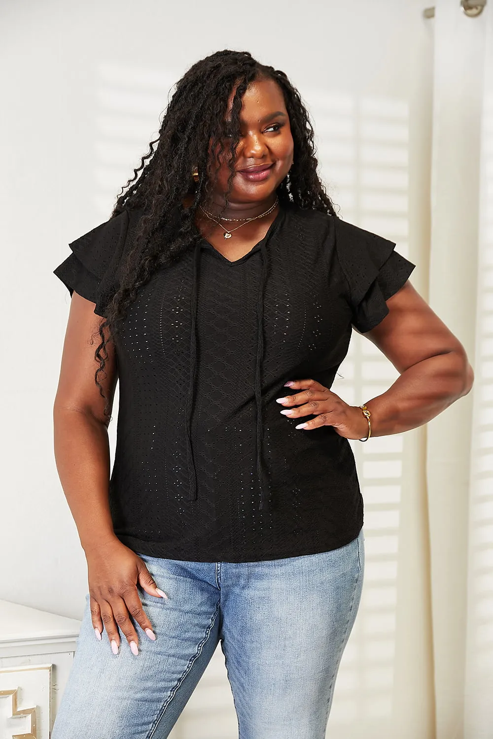 Eyelet Tie-Neck Flutter Sleeve Blouse, image 3