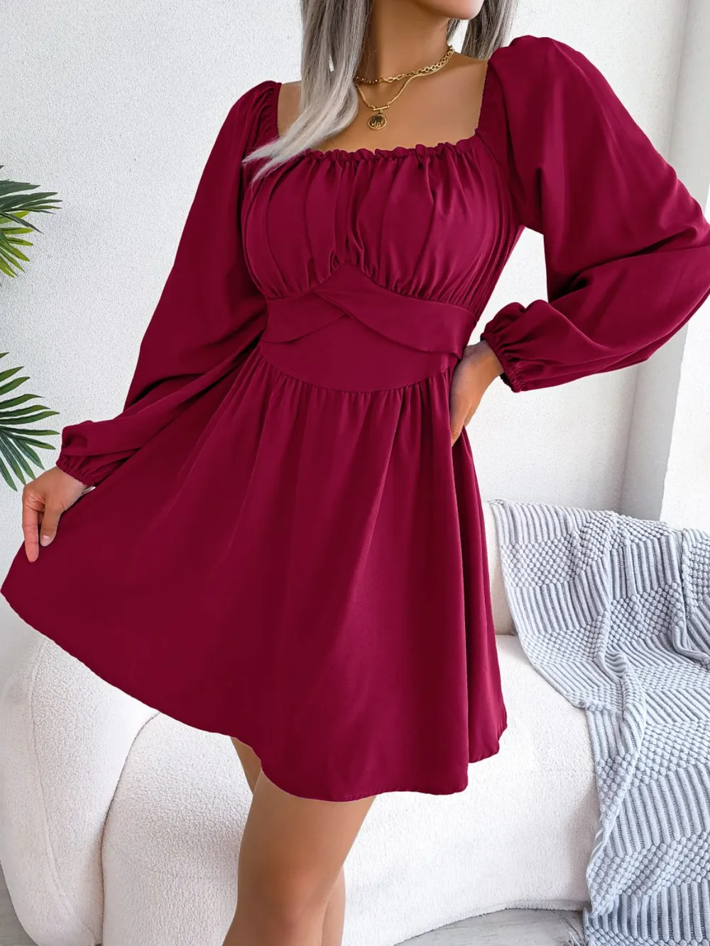 Tied Square Neck Balloon Sleeve Dress, image 6