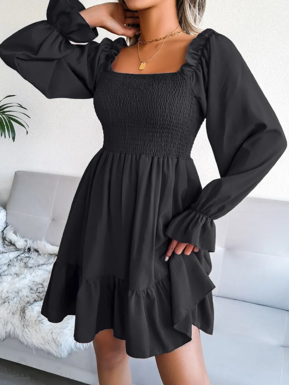 Smocked Flounce Sleeve Square Neck Dress, image 15