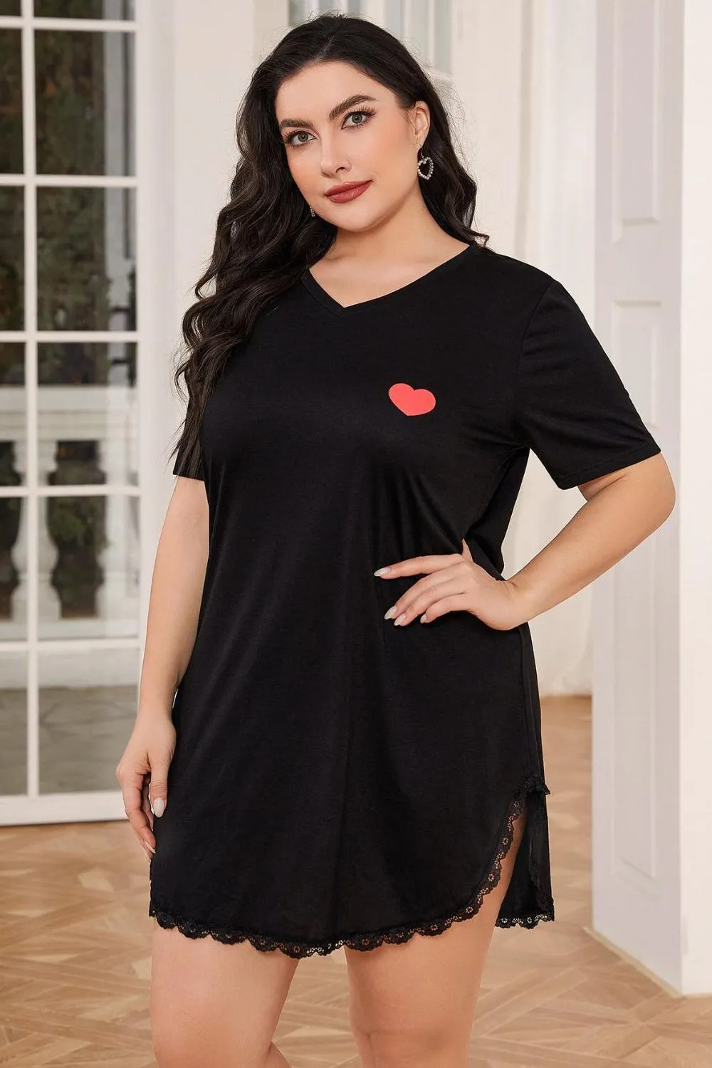 Plus Size Lace Trim V-Neck Short Sleeve Night Dress, image 2