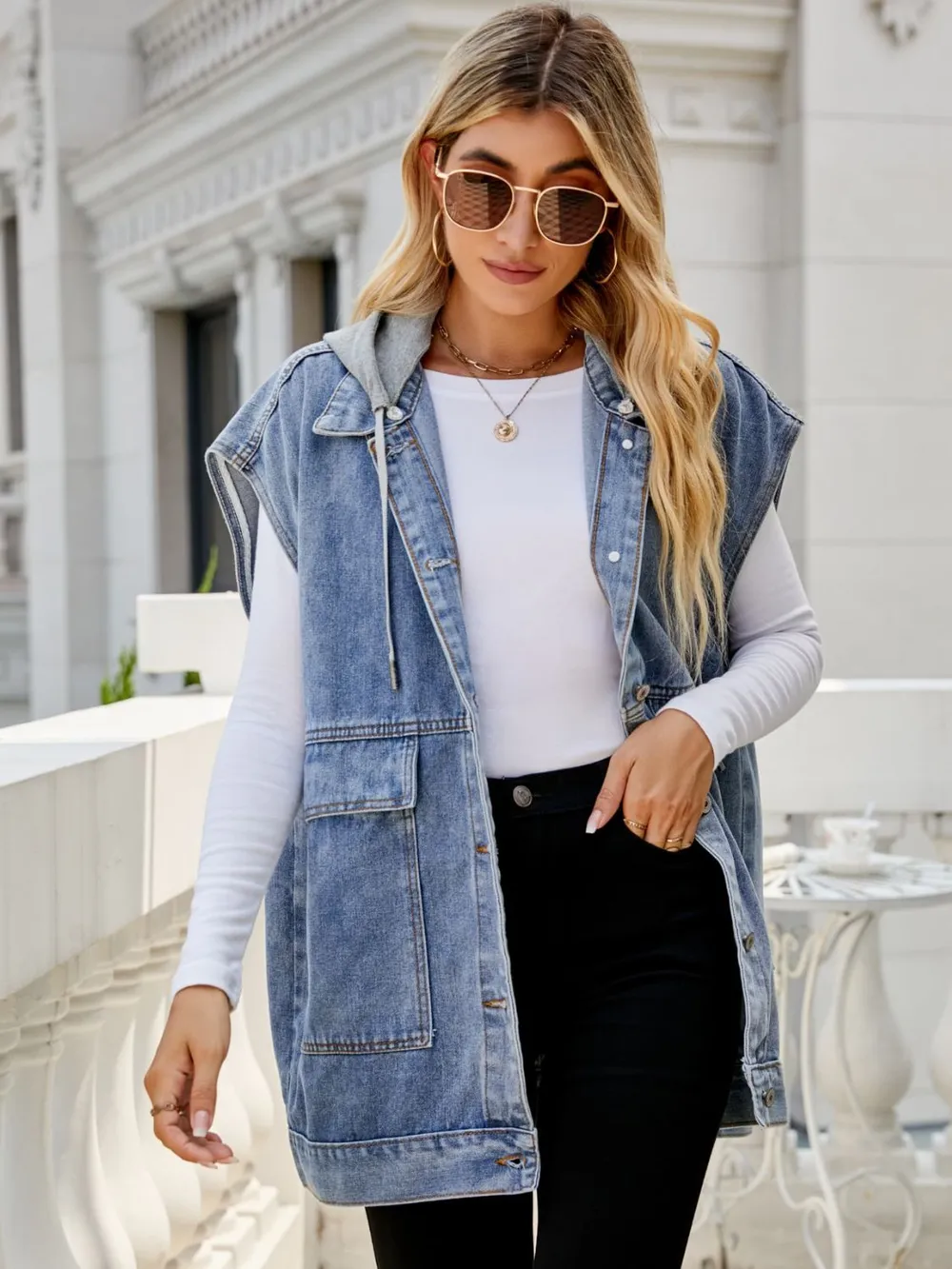 Hooded Sleeveless Denim Top with Pockets, image 6