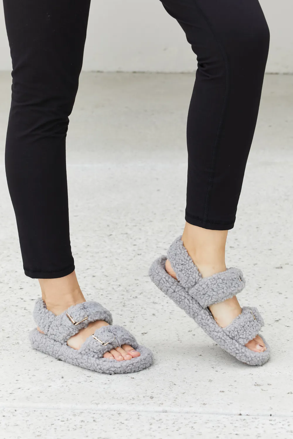Cozy Atmosphere Faux Fur Buckled Sandals in Grey