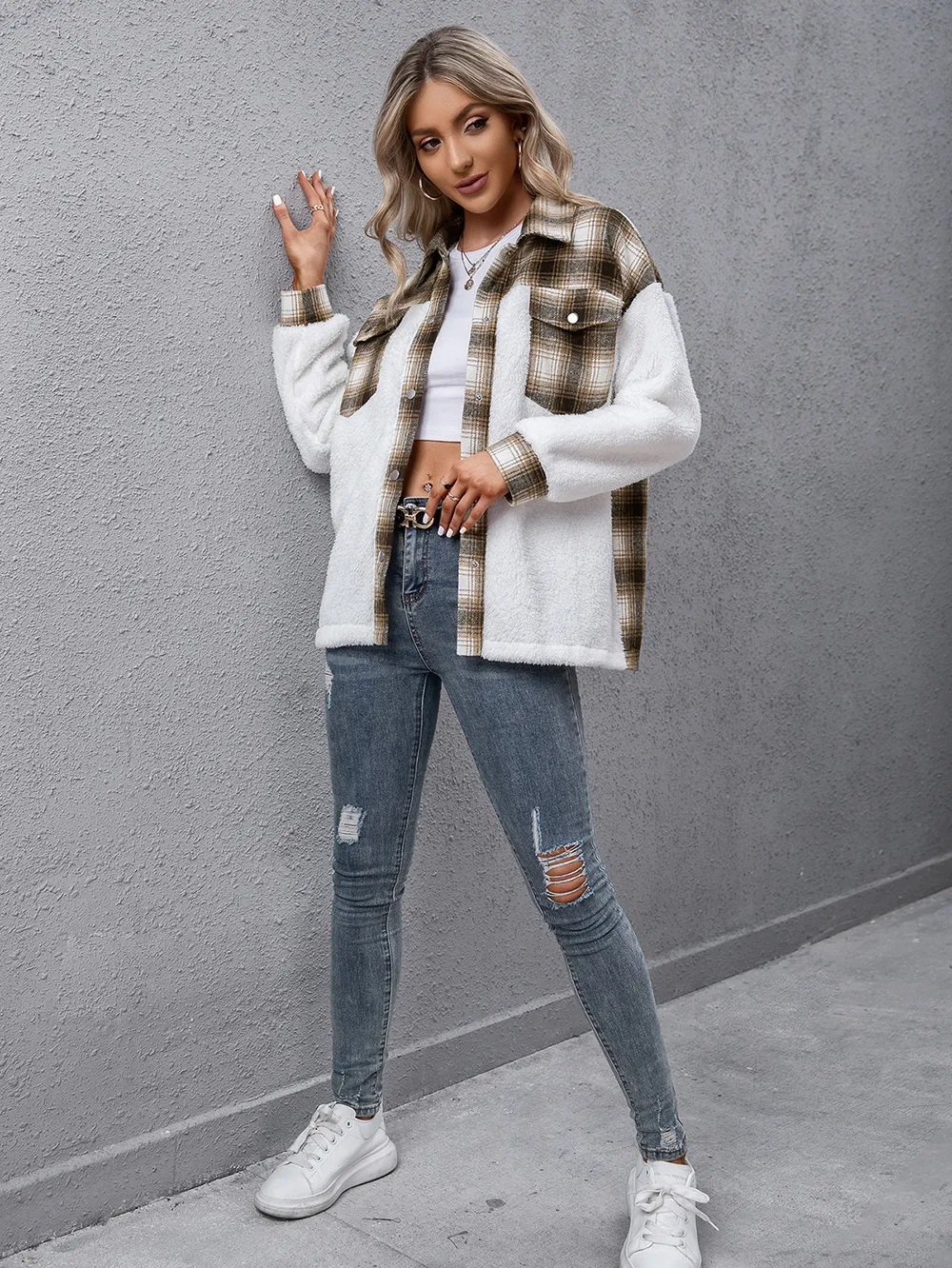 Plaid Collared Neck Button Down Jacket, image 2