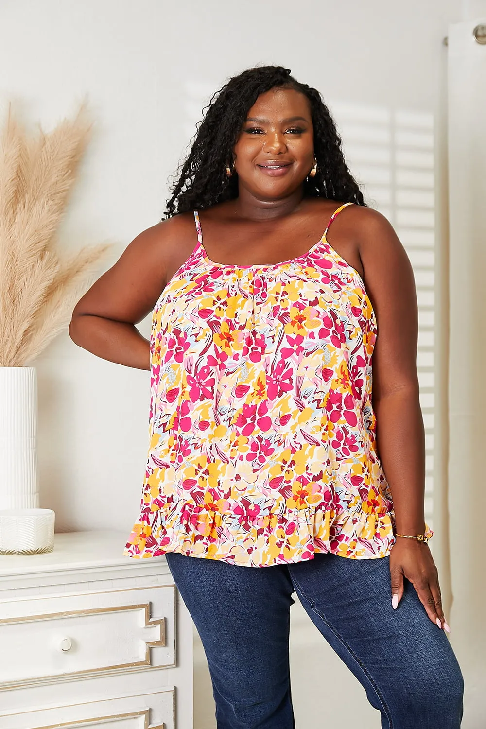 Floral Scoop Neck Ruffle Hem Cami, image 5