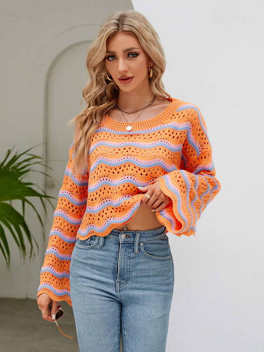 Round Neck Openwork Flare Sleeve Knit Top, image 4