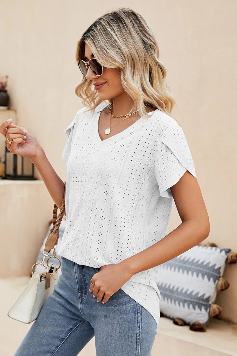 Eyelet Petal Sleeve V-Neck Knit Top, image 21