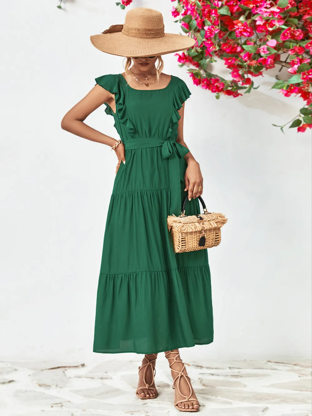 Tie Belt Ruffled Tiered Dress, image 7