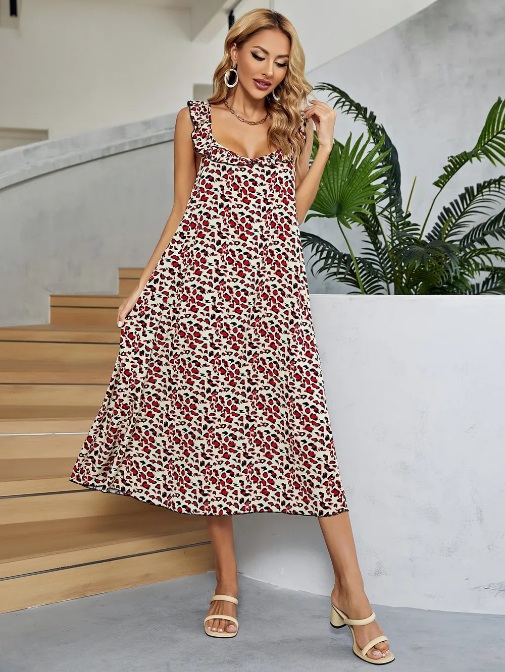 Printed Ruffled Sleeveless Midi Dress, image 5