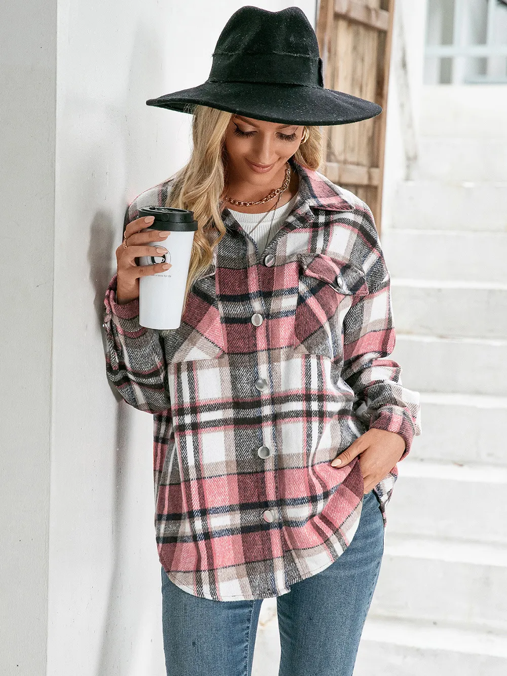 Meet You Outside Plaid Button Down Curved Hem Shacket, image 8