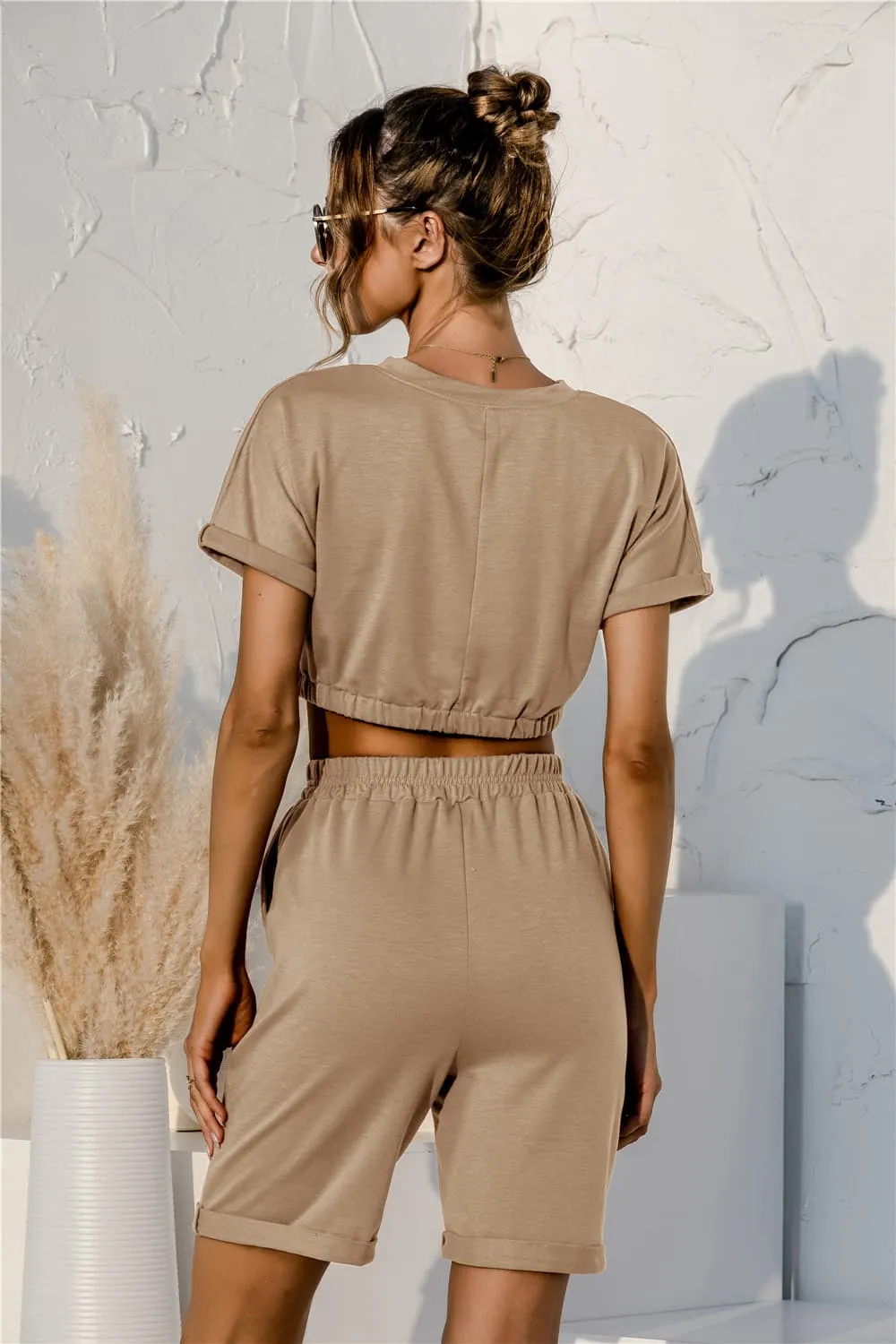 Short Sleeve Cropped Top and Drawstring Shorts Lounge Set, image 5