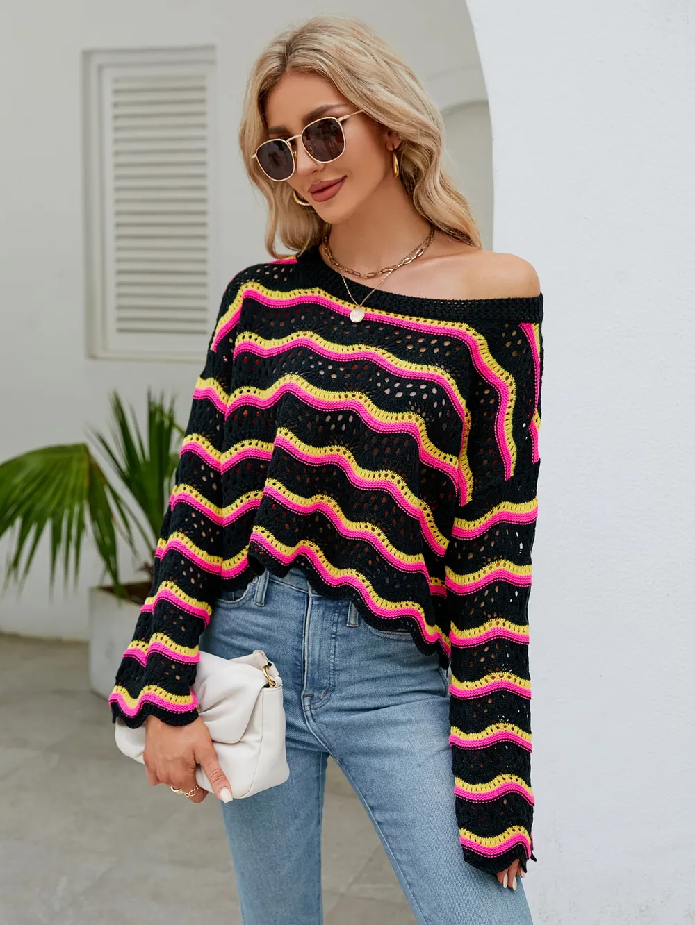 Round Neck Openwork Flare Sleeve Knit Top, image 15