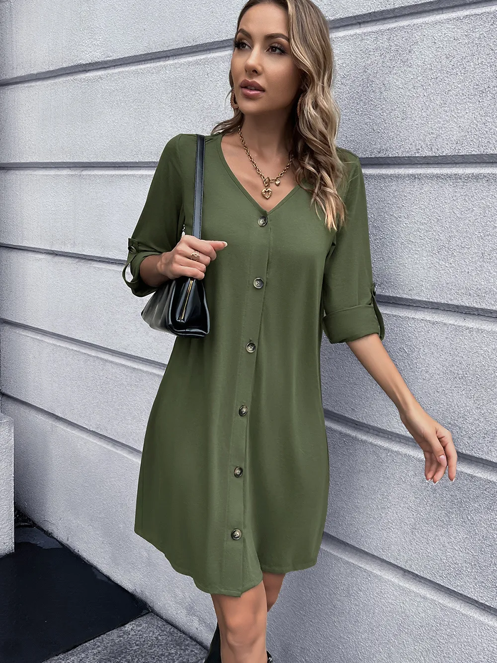 Button Down V-Neck Mini Dress, image 4