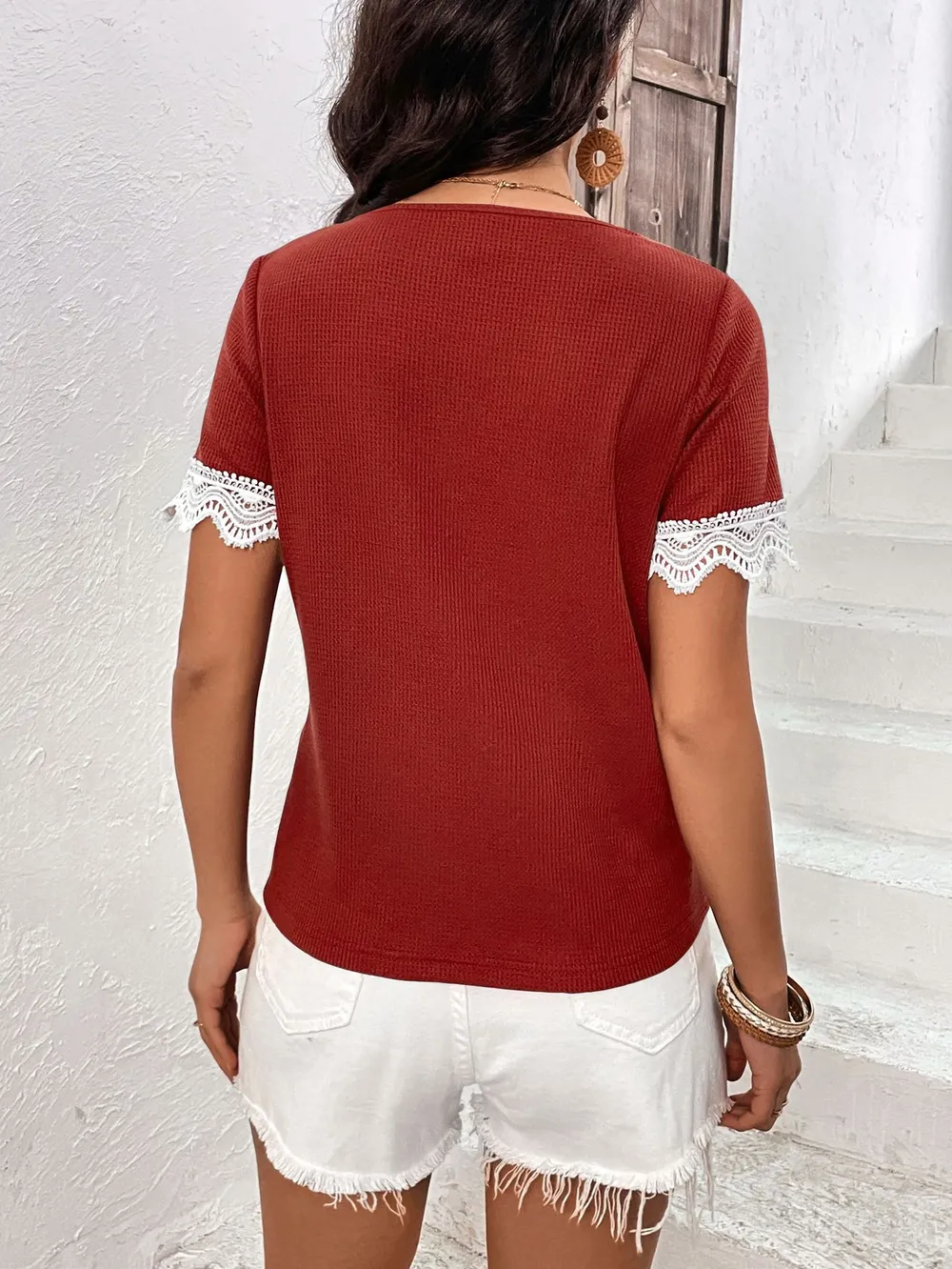 Decorative Button Spliced Lace Short Sleeve Top, image 6