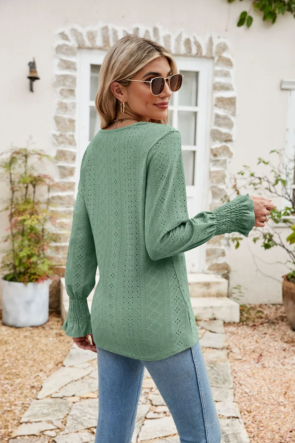 Eyelet V-Neck Smocked Flounce Sleeve Blouse, image 20