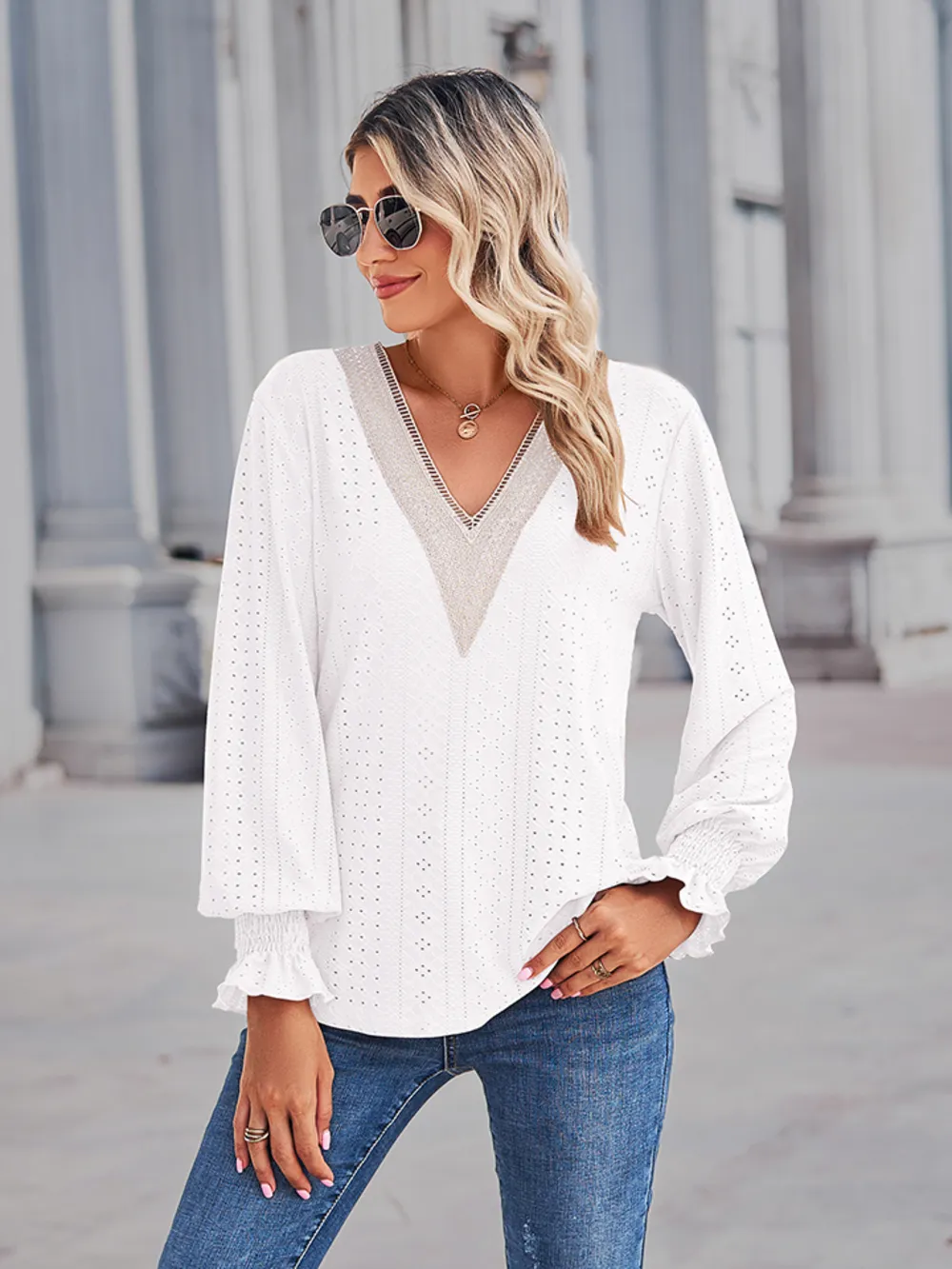 V-Neck Eyelet Flounce Sleeve Blouse, image 6