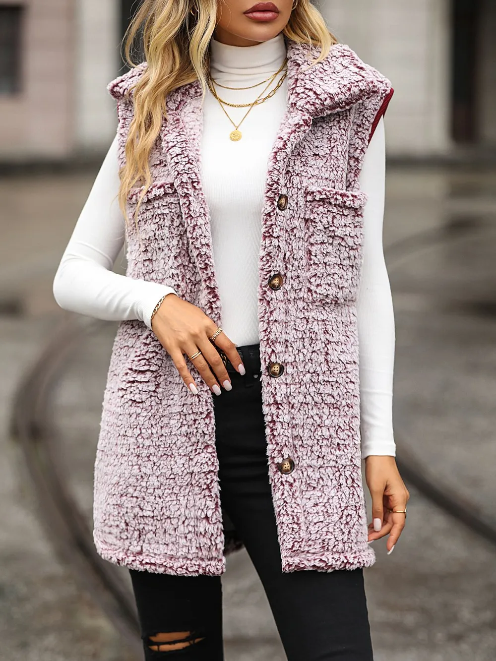 Full Size Button Down Collared Neck Vest, image 2