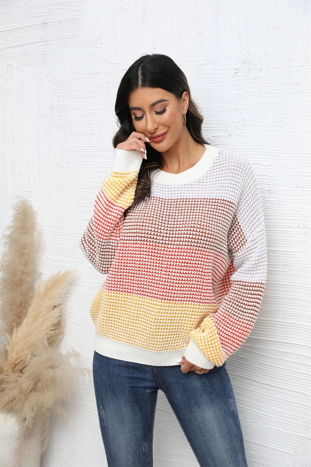 Waffle-Knit Round Neck Dropped Shoulder Color Block Sweater, image 2