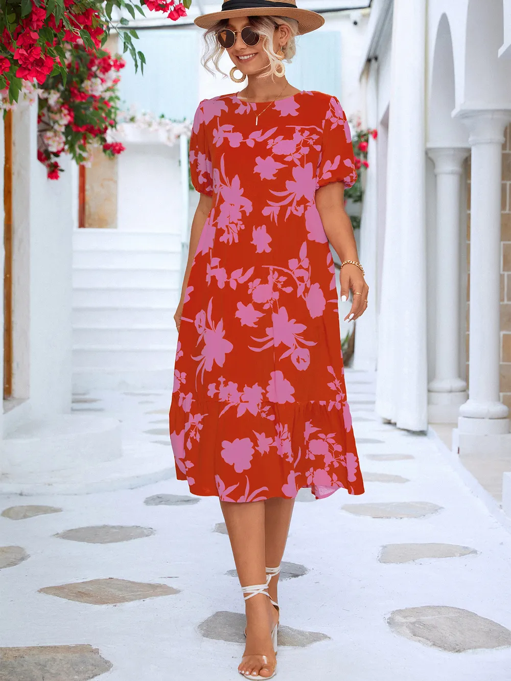 Floral Puff Sleeve Ruffle Hem Midi Dress, image 6