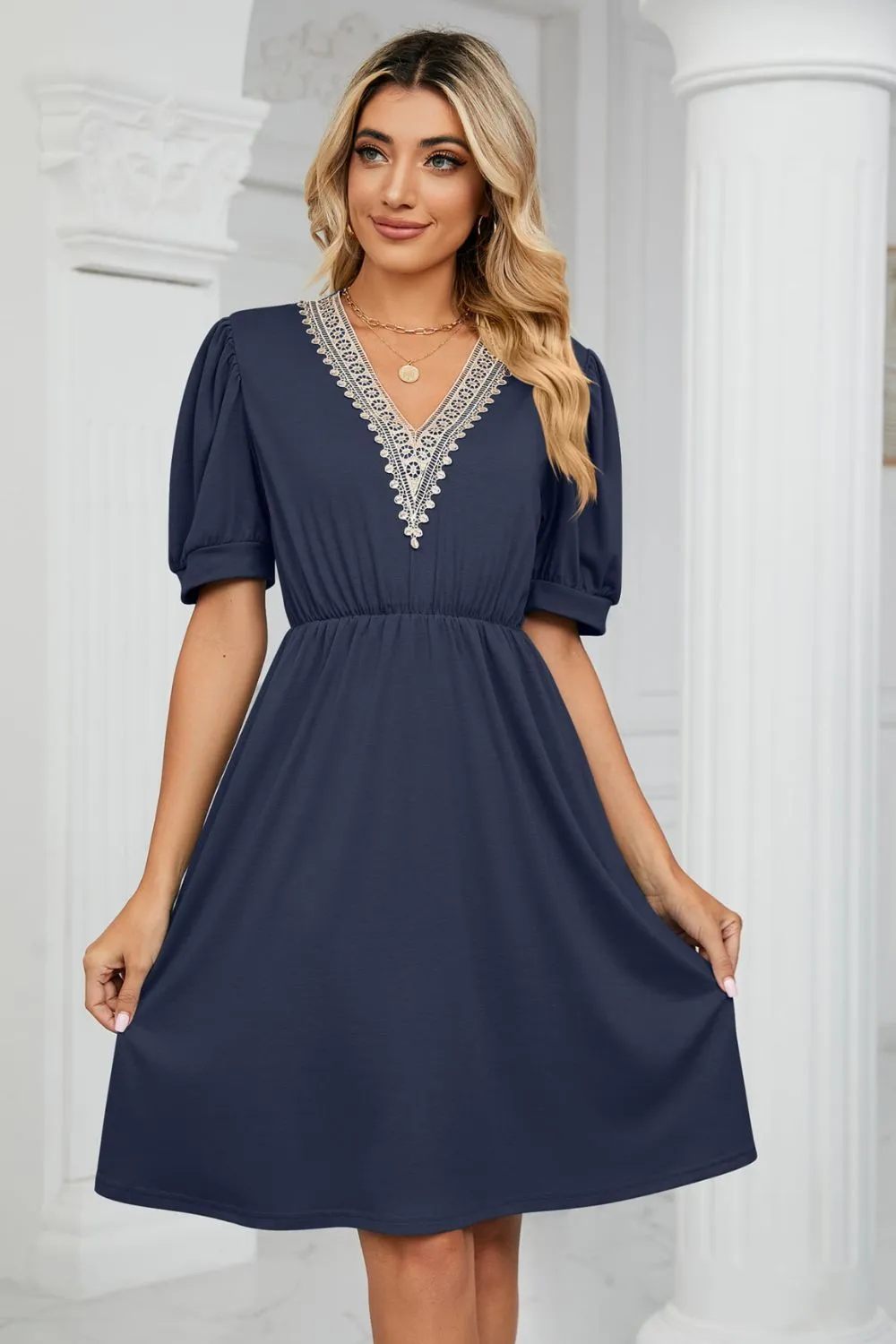 Contrast V-Neck Puff Sleeve Pocket Dress, image 8