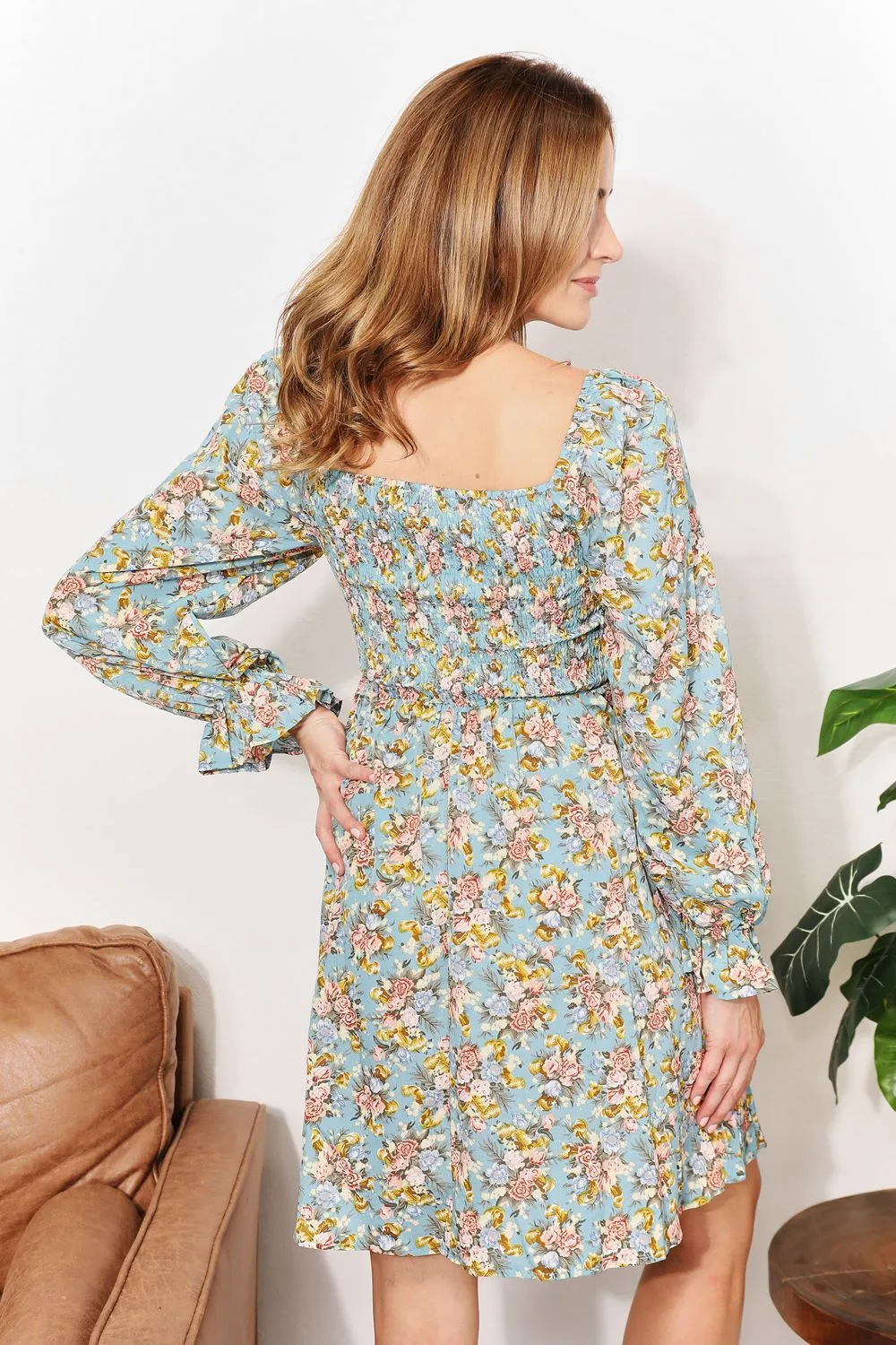 Floral Smocked Flounce Sleeve Square Neck Dress, image 6