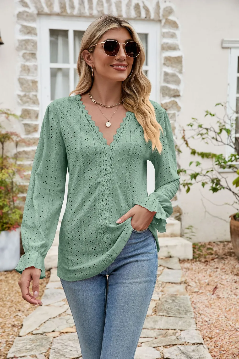 Eyelet Lace Trim Flounce Sleeve Blouse, image 14