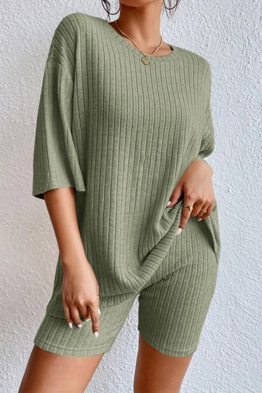 Round Neck Ribbed Top and Shorts Lounge Set, image 5