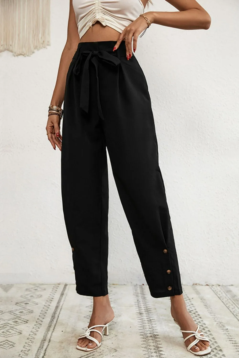 Buttoned Tie-Waist Cropped Pants, image 4