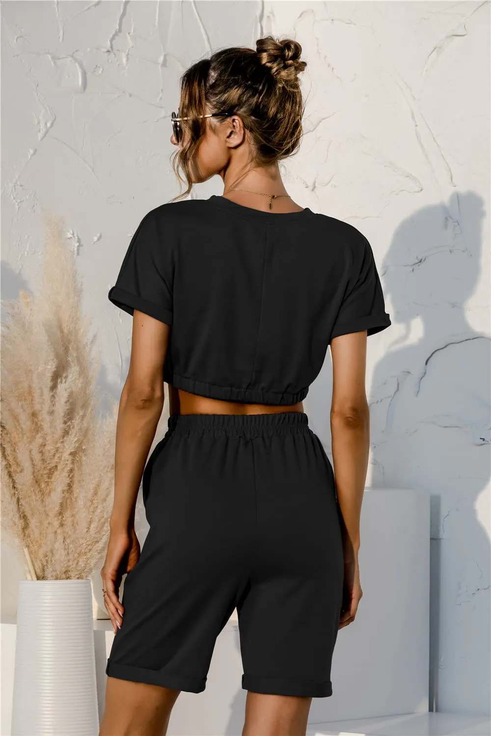 Short Sleeve Cropped Top and Drawstring Shorts Lounge Set, image 6