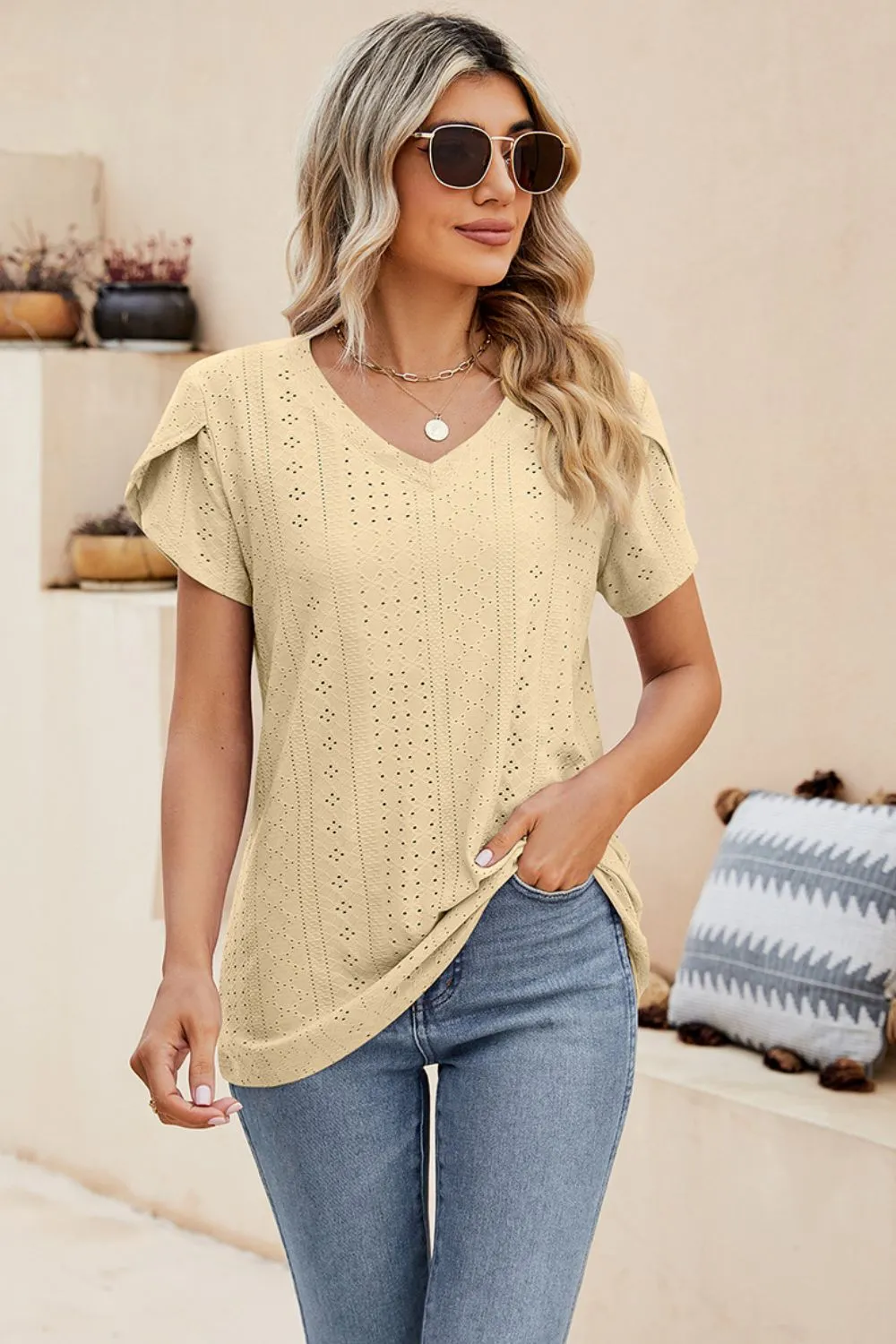 Eyelet Petal Sleeve V-Neck Knit Top, image 11