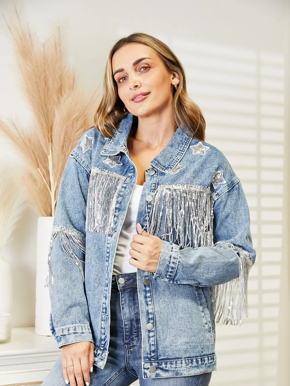 Fringe Detail Long Sleeve Denim Jacket, image 2