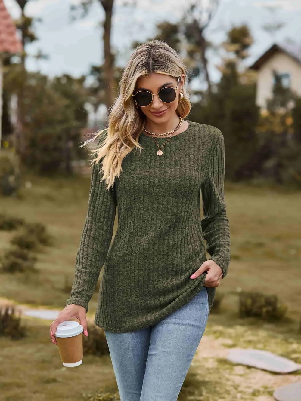 Ribbed Round Neck Long Sleeve Tee, image 26