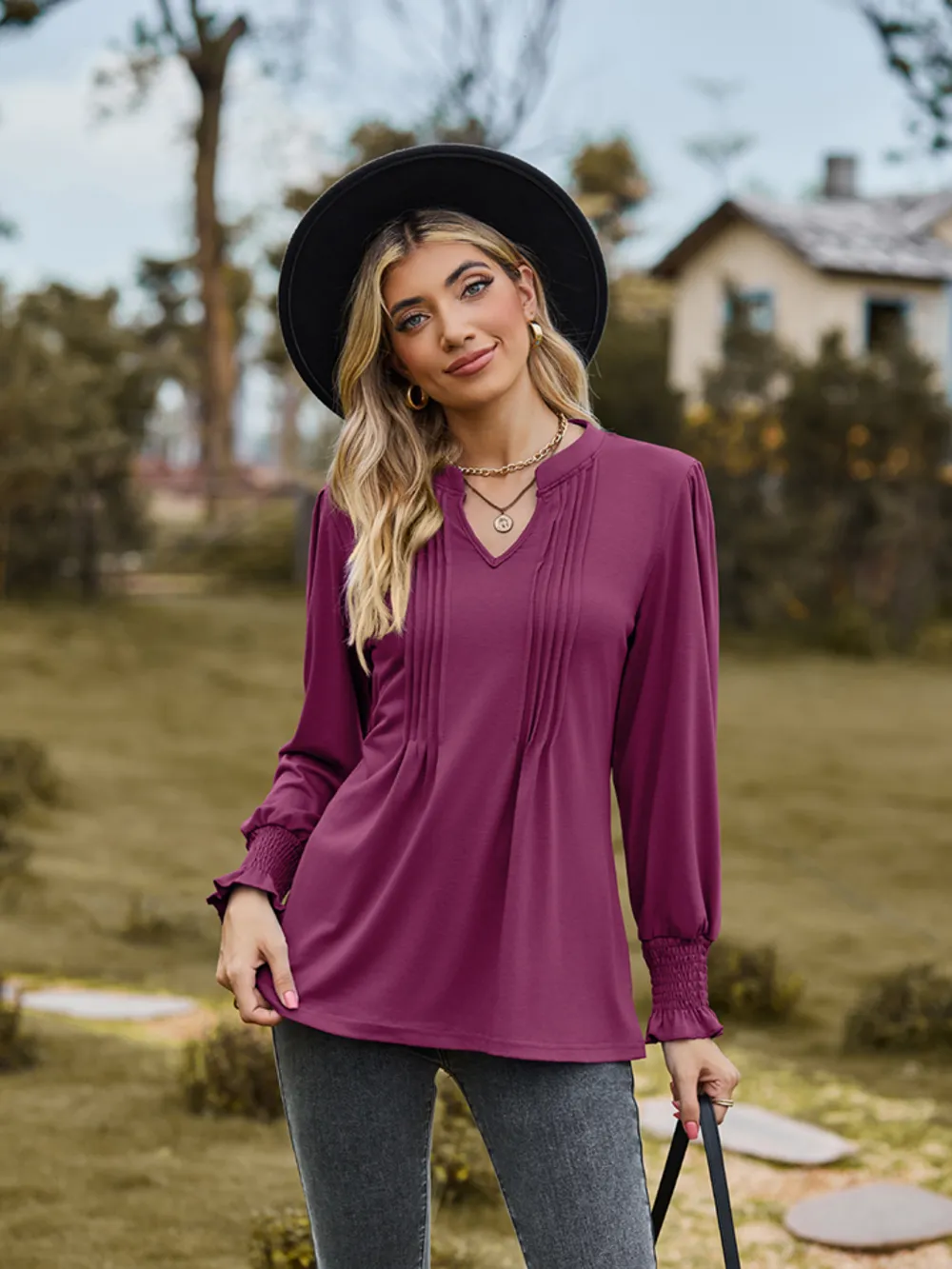 Notched Neck Flounce Sleeve Blouse, image 7