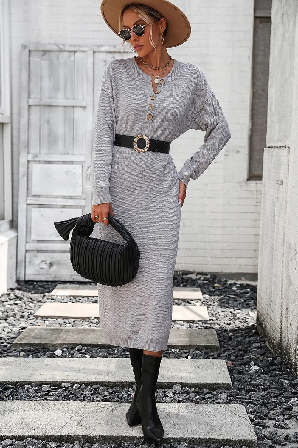 Notched Neck Dropped Shoulder Button-Down Midi Dress, image 17