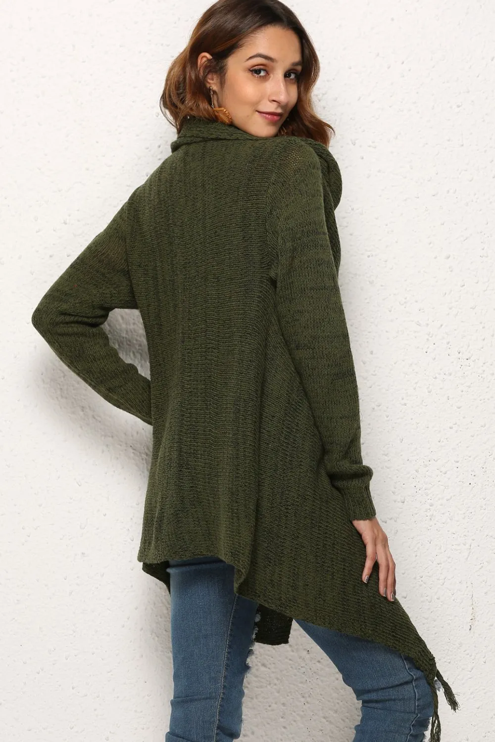 One-Button Tassel Tie Asymmetrical Hem Cardigan, image 10