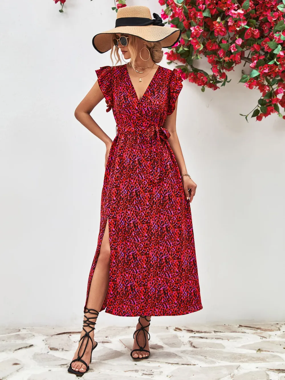 Printed Surplice Neck Flutter Sleeve Slit Dress, image 7