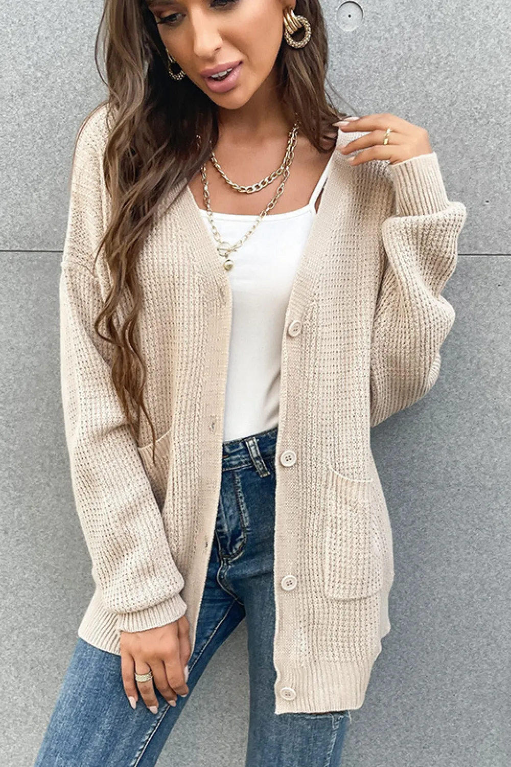 Button Front Drop Shoulder Waffle Cardigan, image 2
