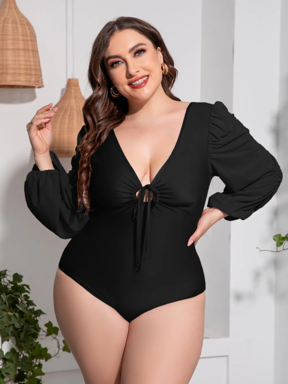 Plus Size Tied Deep V Balloon Sleeve One-Piece Swimsuit, image 4